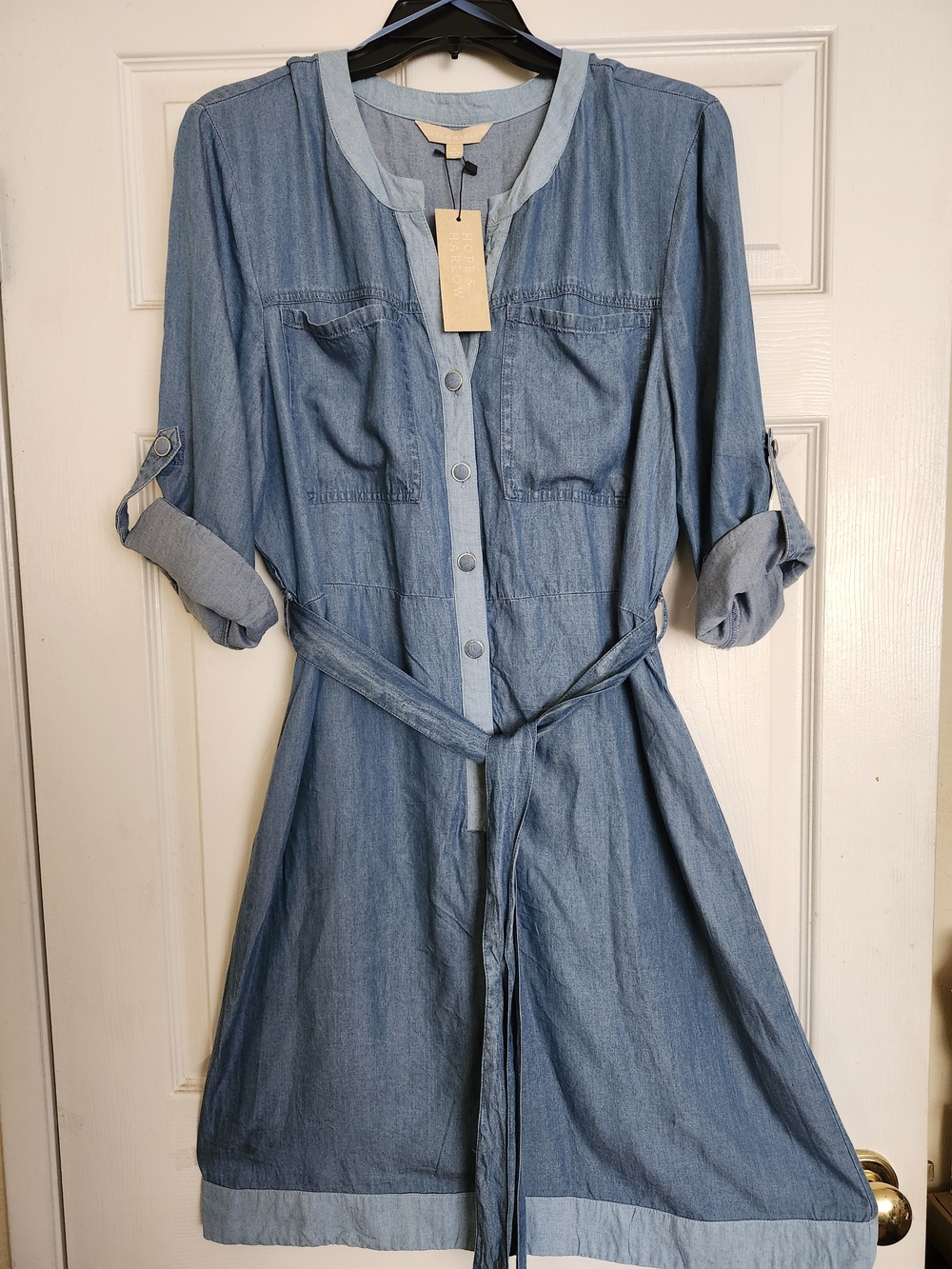 Light Blue Denim Midi Shirt Dress with Self-Tie Belt